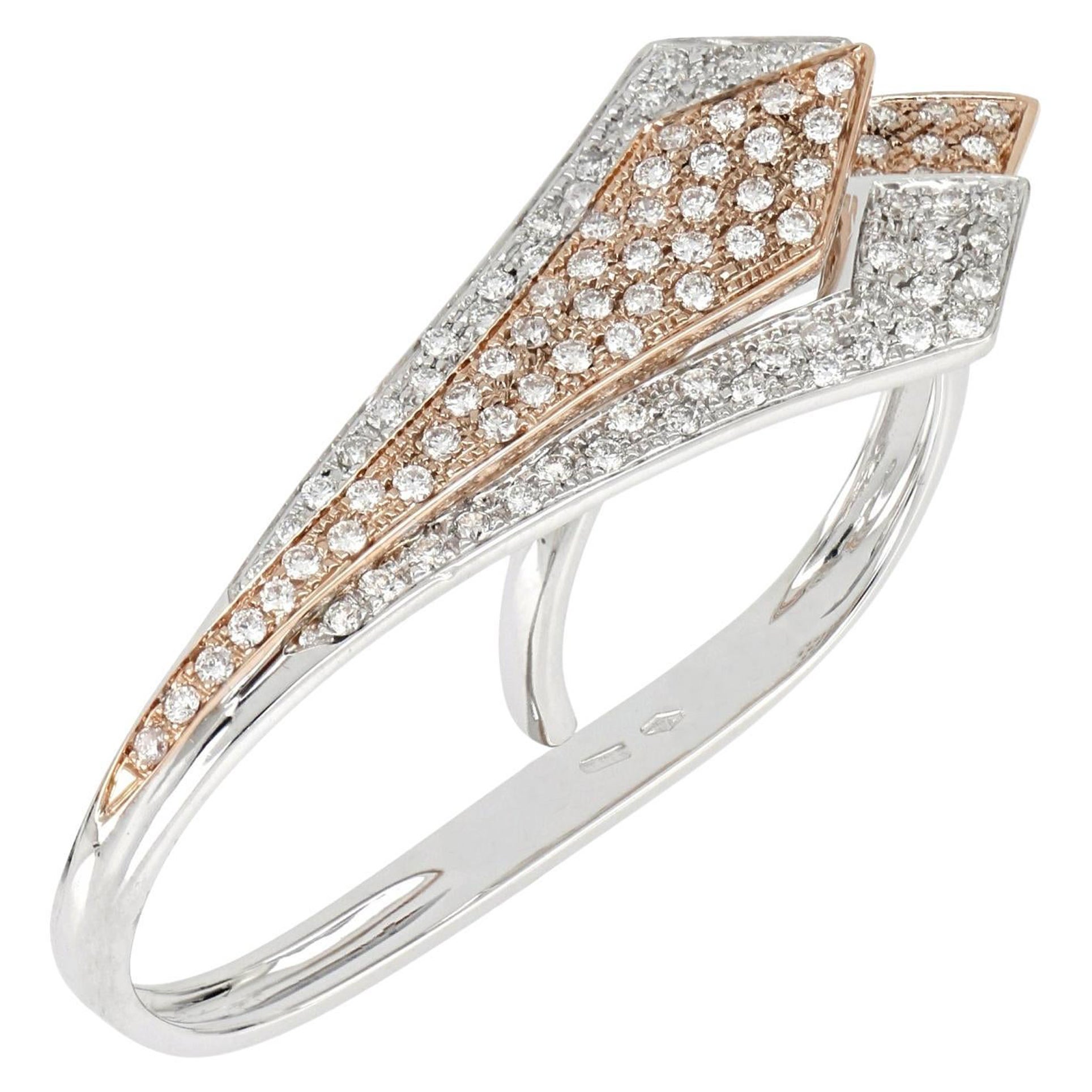 18kt White and Rose Gold Big 3 Chic Leaf Ring Enriched with Diamonds' Pavè
