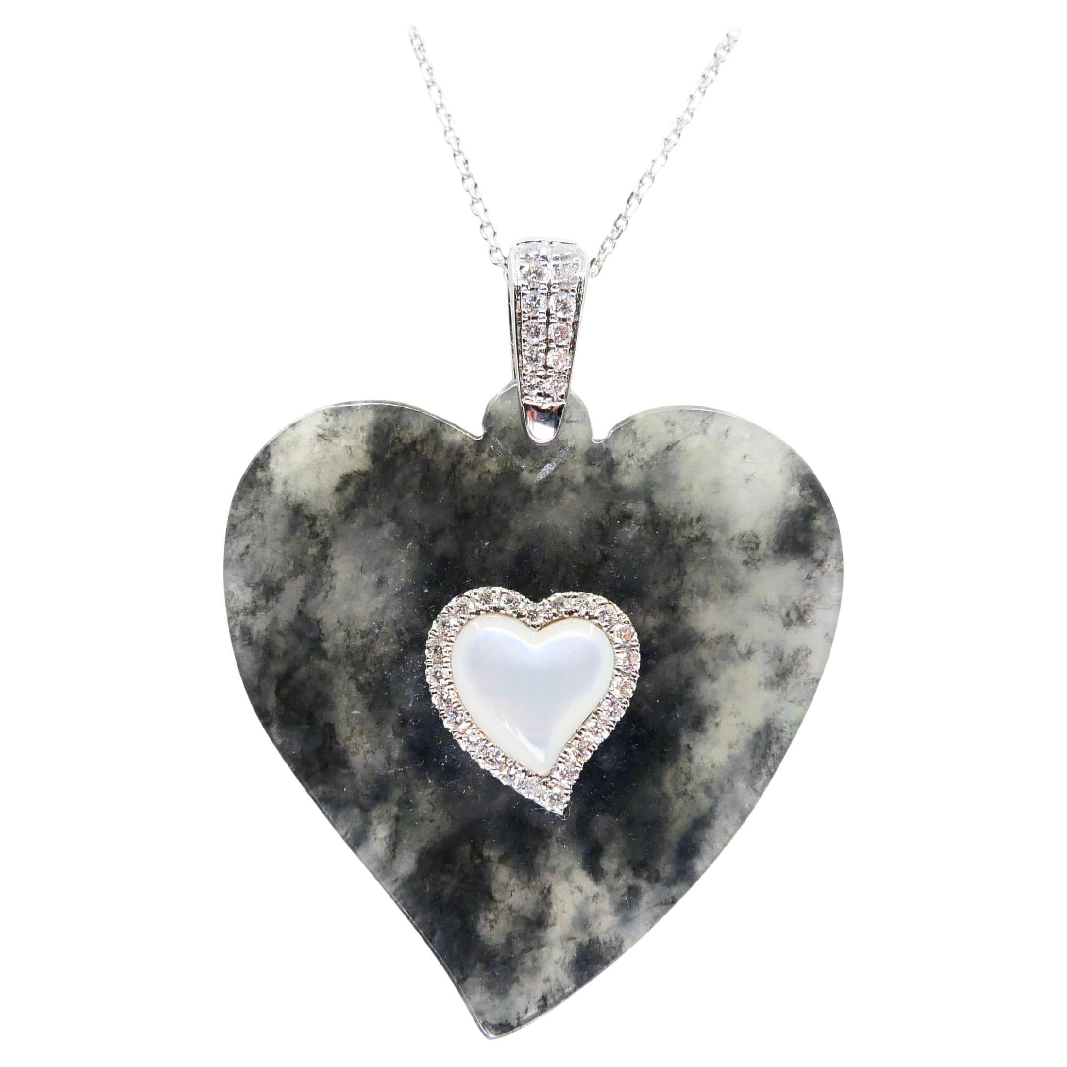 Certified Icy Black Jade, Diamond & Mother of Pearl Heart Pendant Necklace For Sale