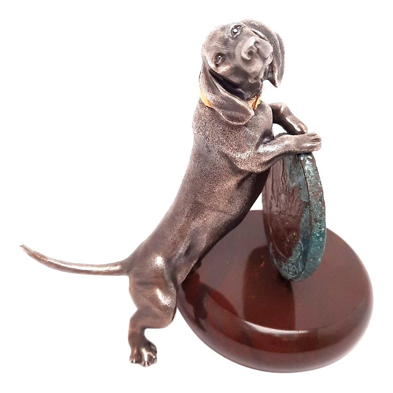 Miniature Dog Talisman Genuine Silver Gold Plated Dachshund with an Old Russian For Sale