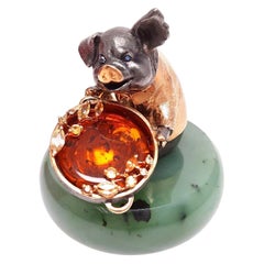 Miniature Pig Talisman Genuine Silver Gold Plated Pig with a Gem Hotpot