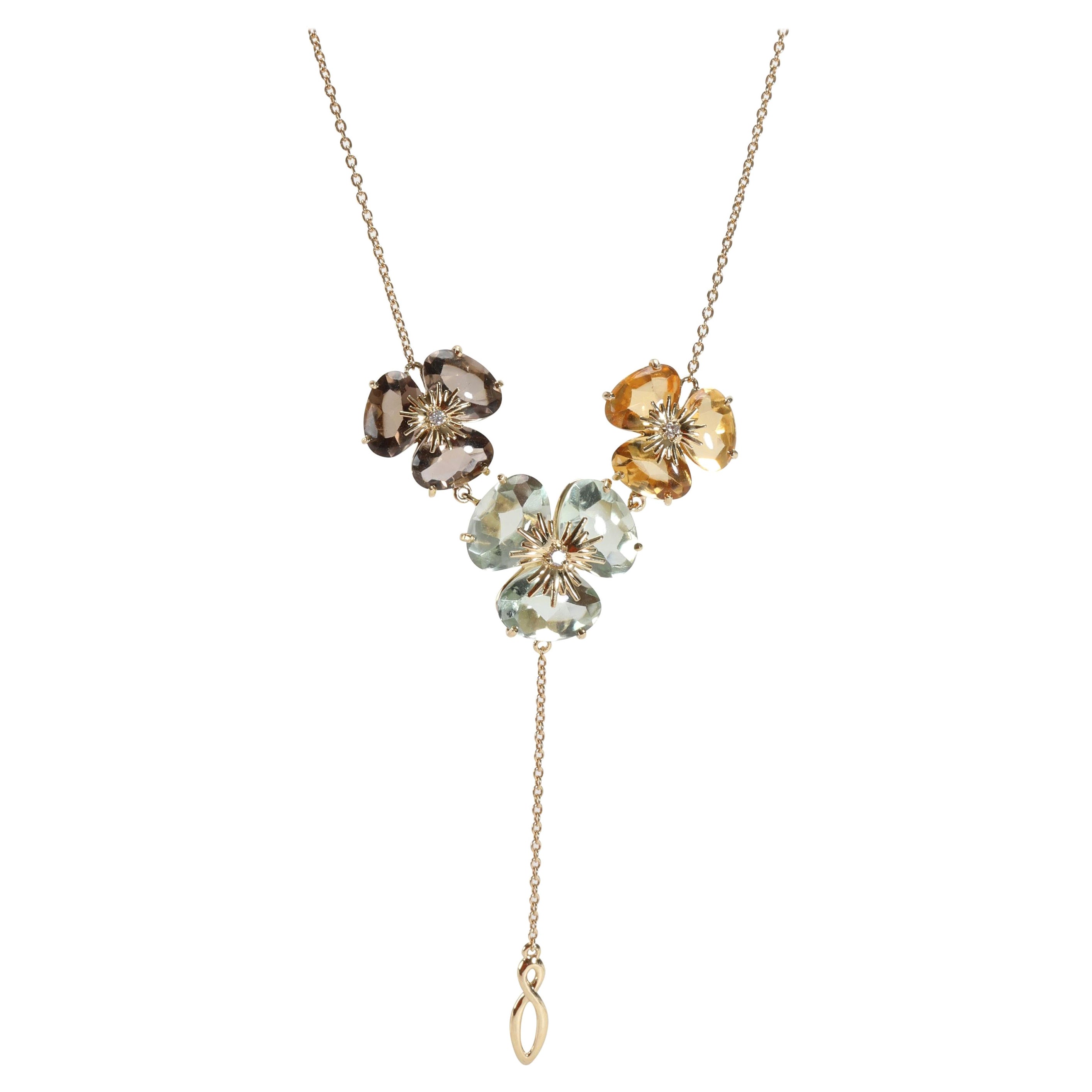 Collier fleur en or 18 carats avec citrine, Praziolite et quartz fumé et diamant (0,05 ct. pt.) en vente