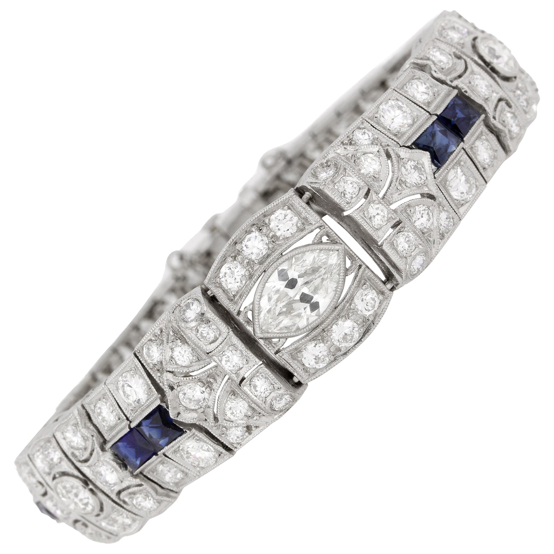 12 Carat Platinum Art Deco Diamond Sapphire Bracelet For Sale