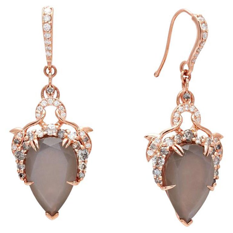 Anna Sheffield 14k Rose Gold Grey Moonstone & Diamond Celestine Pear Earrings For Sale