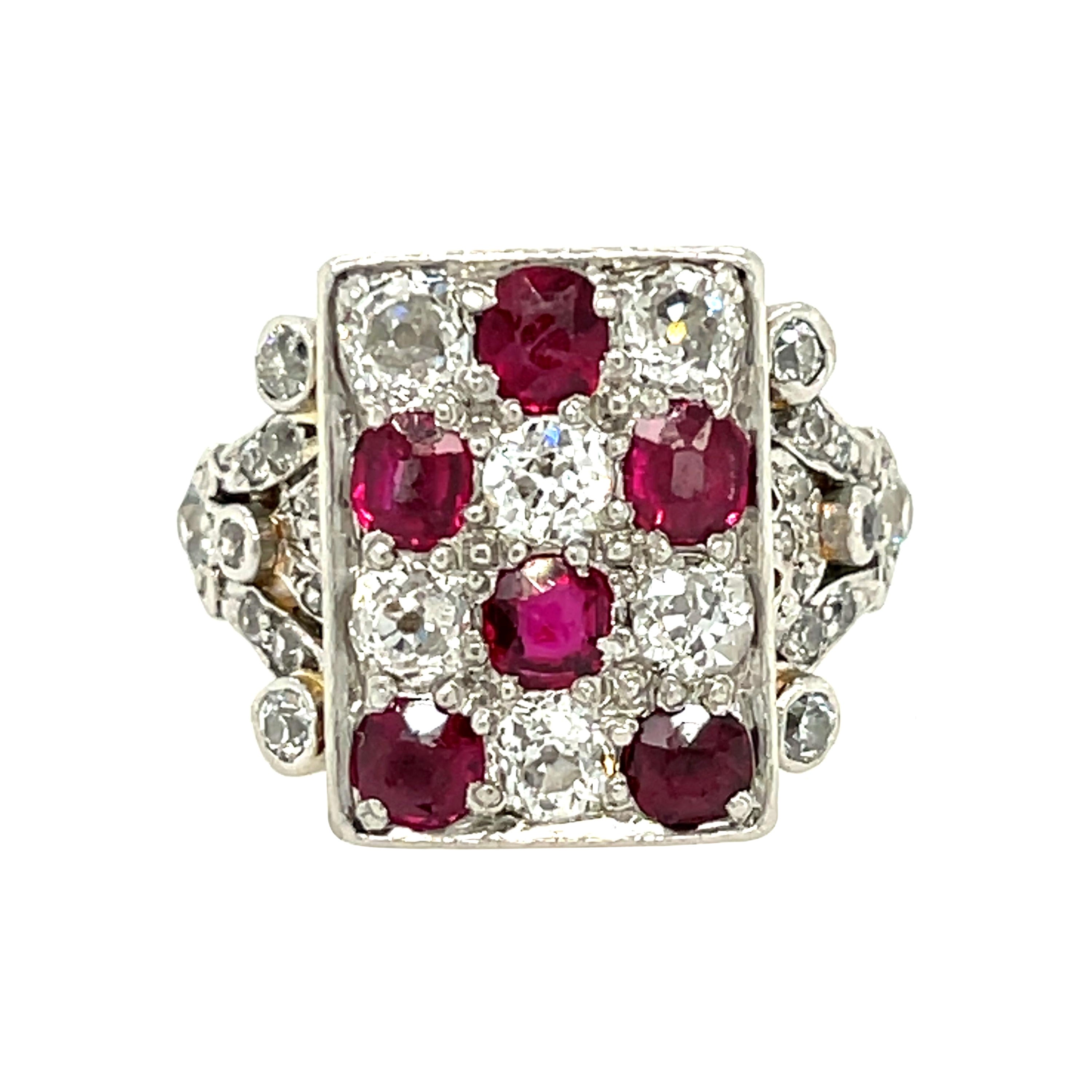 Antique Edwardian Platinum Topped Gold Ruby Diamond Checkerboard Ring