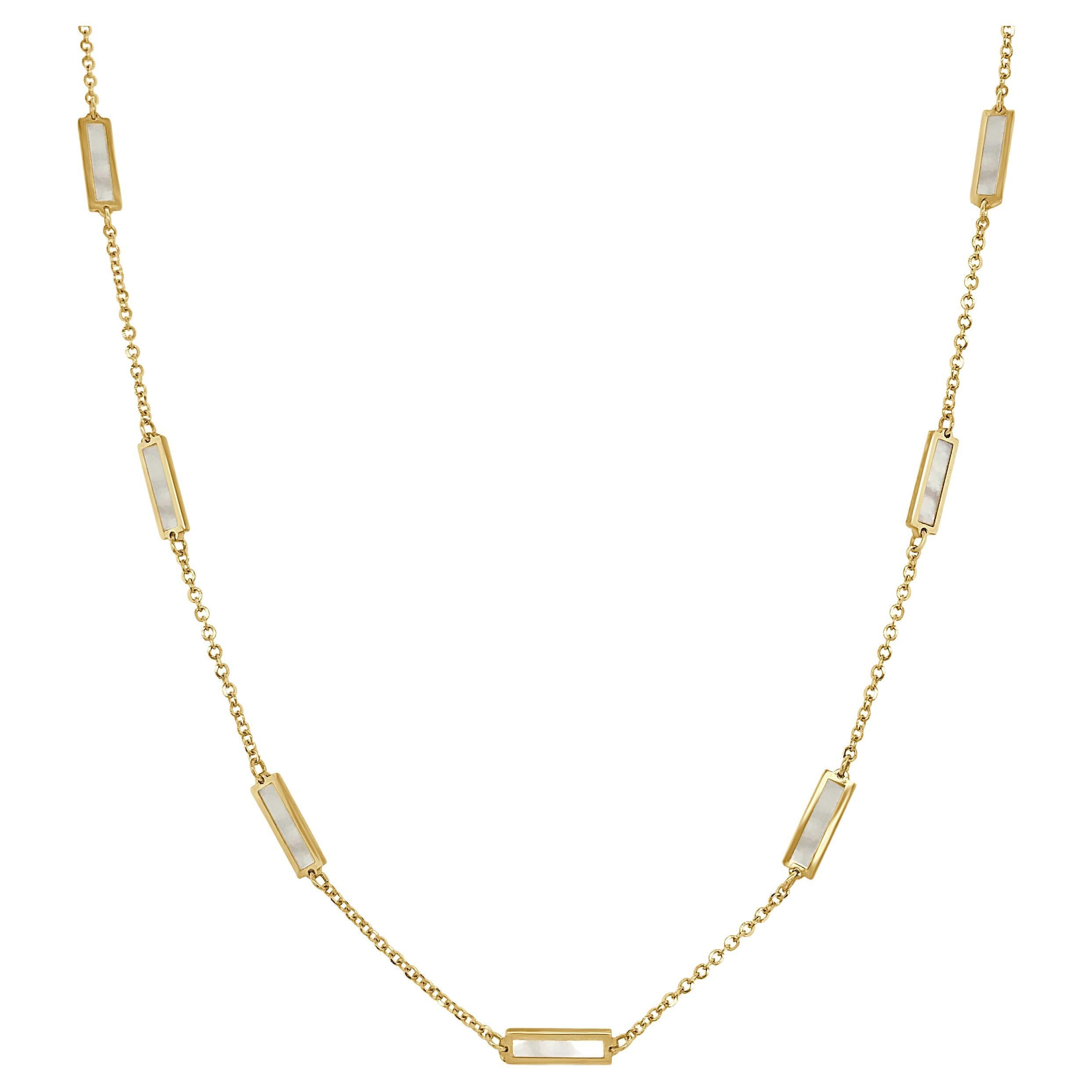 14k Yellow Gold & Mother of Pearl Inlay Station Bar Necklace For Sale
