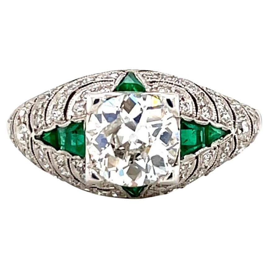 Art Deco Inspired Diamond Emerald Platinum Engagement Ring