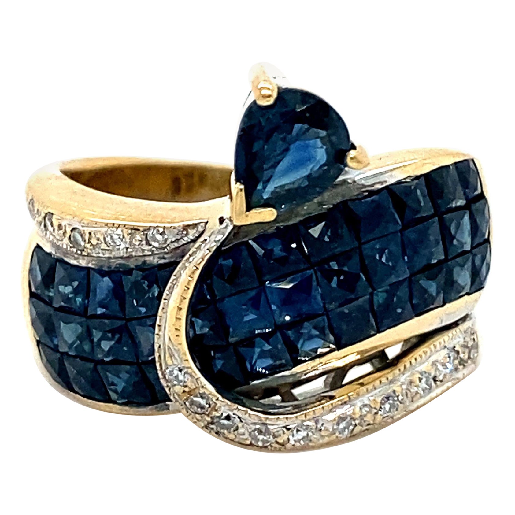 Amazing Vintage 18K Yellow Gold Diamond and Sapphire Invisible Set Ring.
