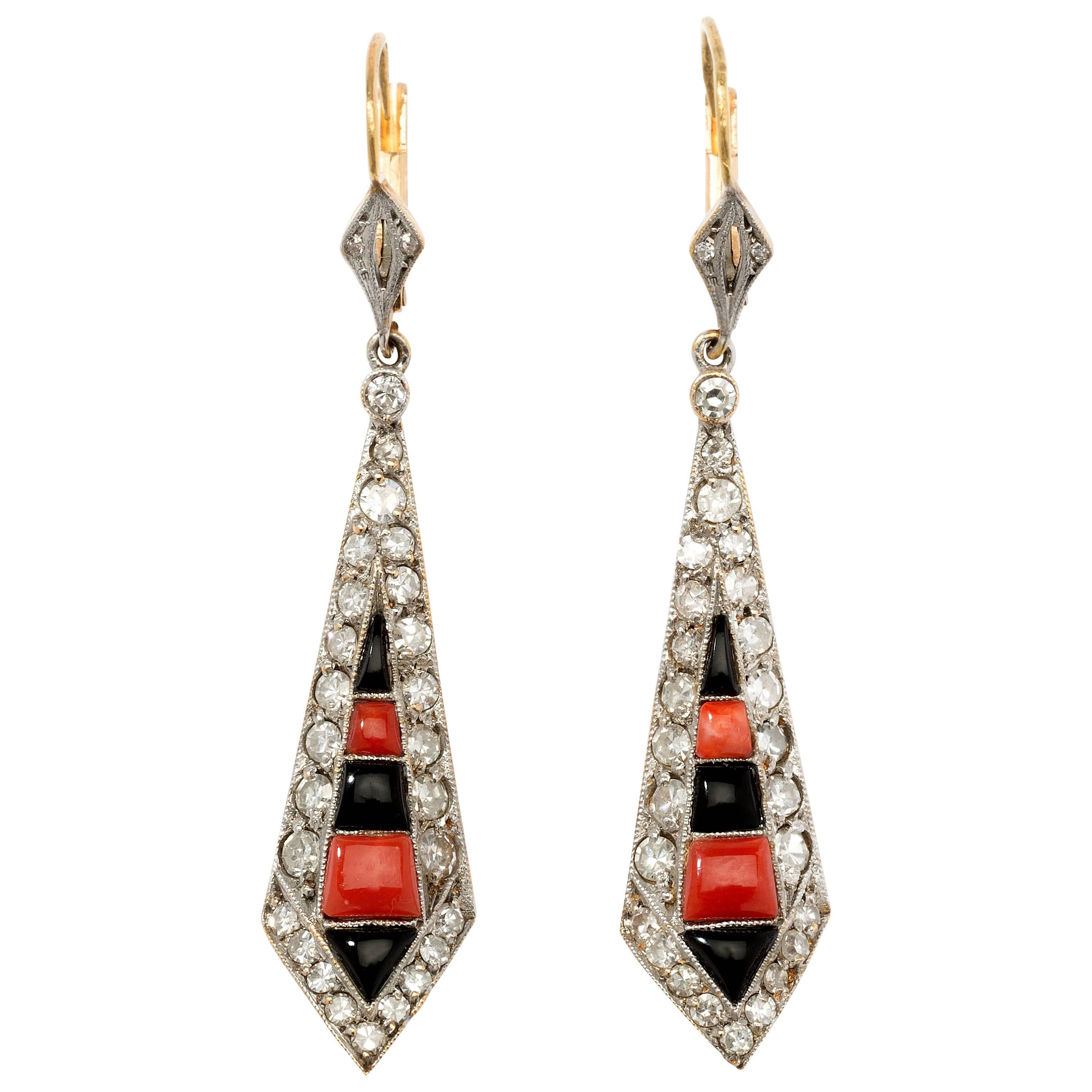 Coral Onyx Diamond Gold Platinum Dangle Earrings For Sale