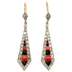 Coral Onyx Diamond Gold Platinum Dangle Earrings