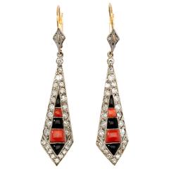 Art Deco Coral Onyx Diamond Gold Platinum Dangle Earrings 8