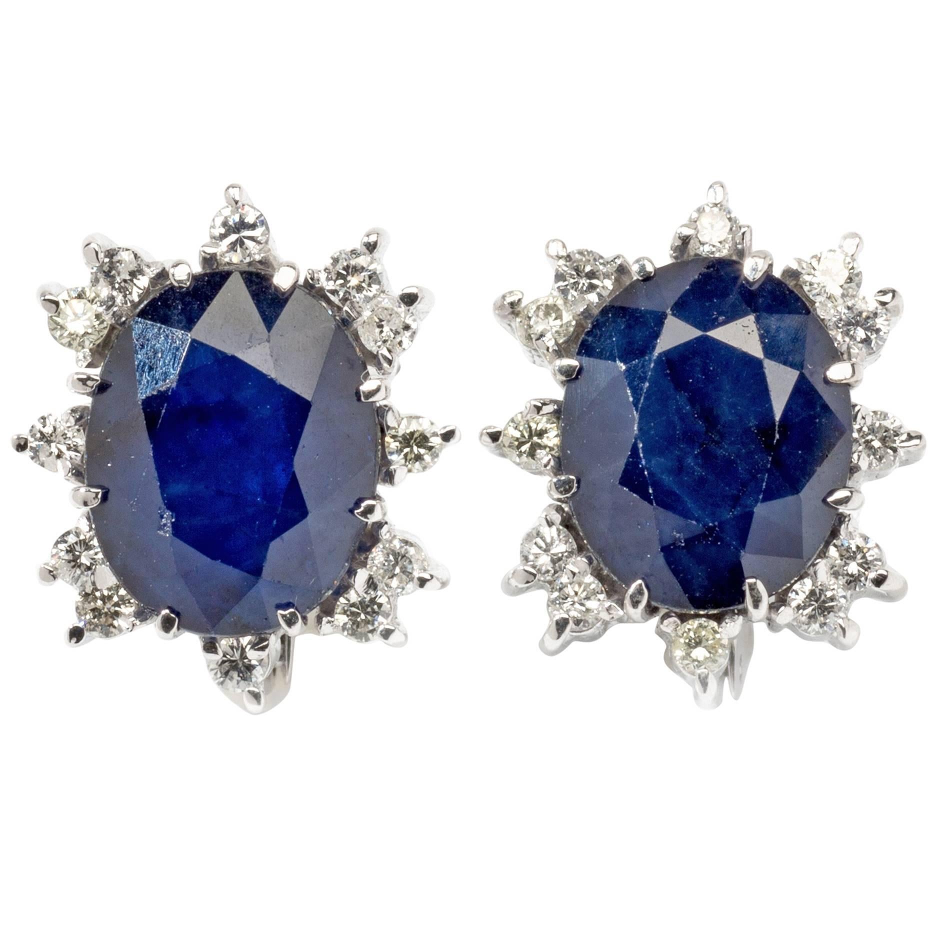 Pair of Sapphire Diamond White Gold Stud Earrings For Sale