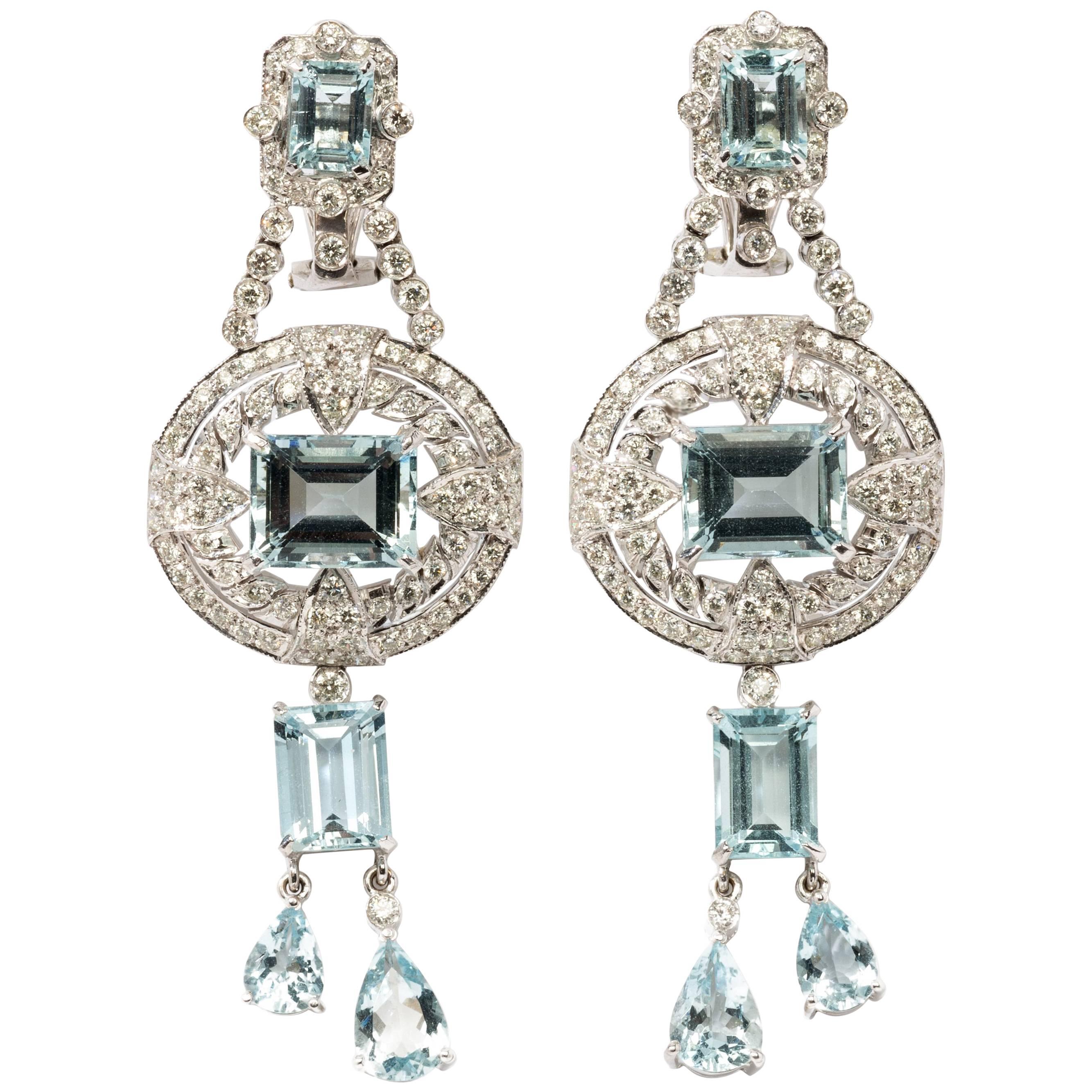 Pair of Art Deco Style Aquamarine Diamond White Gold Dangle Earrings For Sale