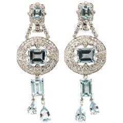 Elegant Pair of Aquamarine Diamond White Gold Dangle Earrings 11