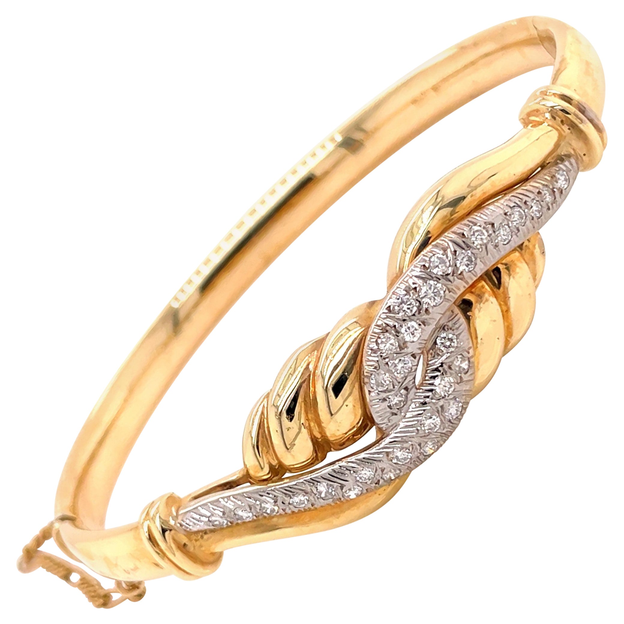 14K 2-Tone Gold Diamond Embrace Bangle Bracelet .50ct For Sale