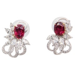 GRS 4.07 Ct Burmese 'Pigeon Blood' Ruby and Diamond Earring in 18K Gold