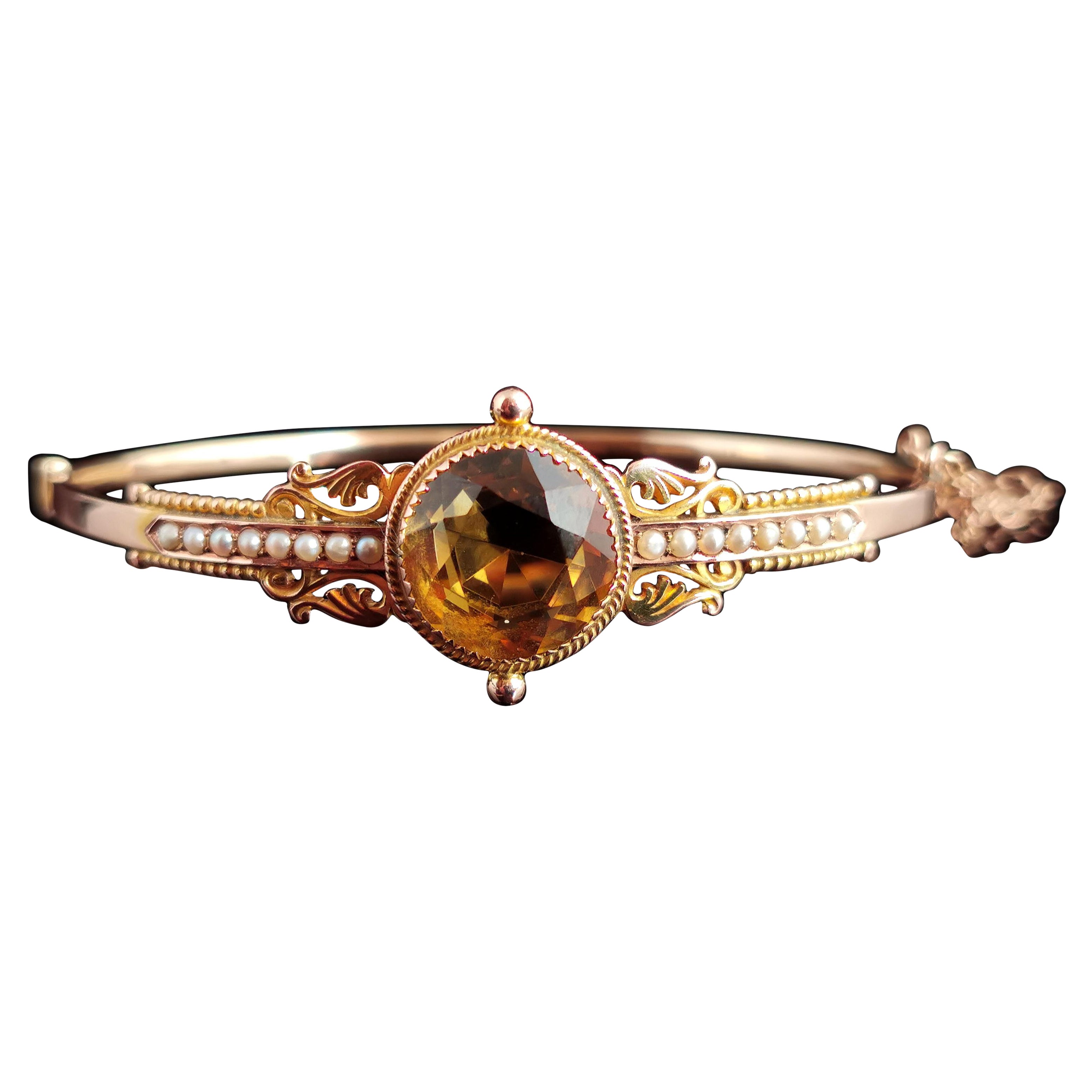 Antique Victorian Citrine and Seed Pearl Bangle, 9 Karat Yellow Gold