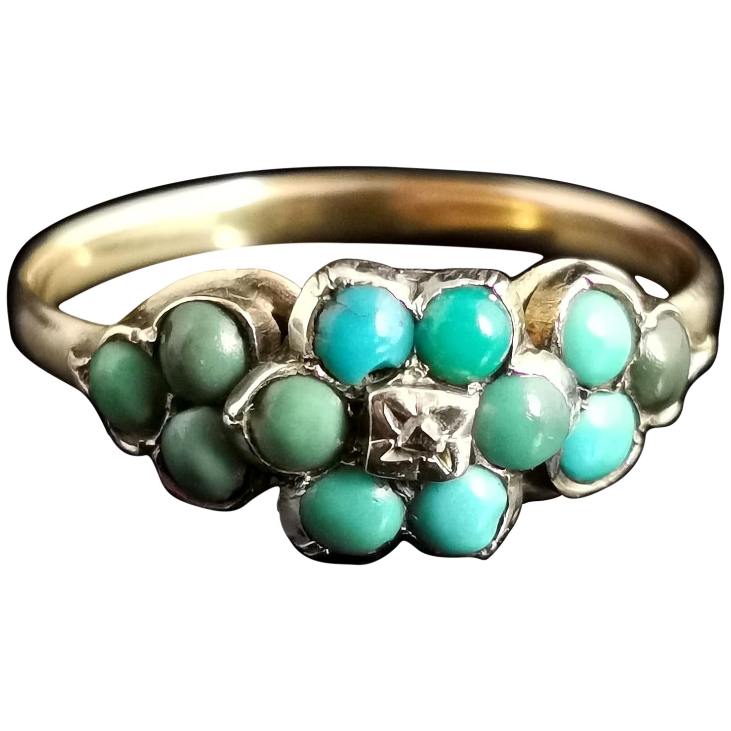 Antique Victorian Turquoise and Diamond Cluster Ring, 18kt Gold, Forget Me Not