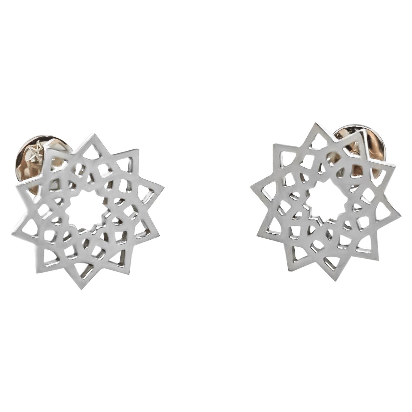 Arabesque Deco Andalusian Style Stud Earrings in 18kt White Gold For Sale
