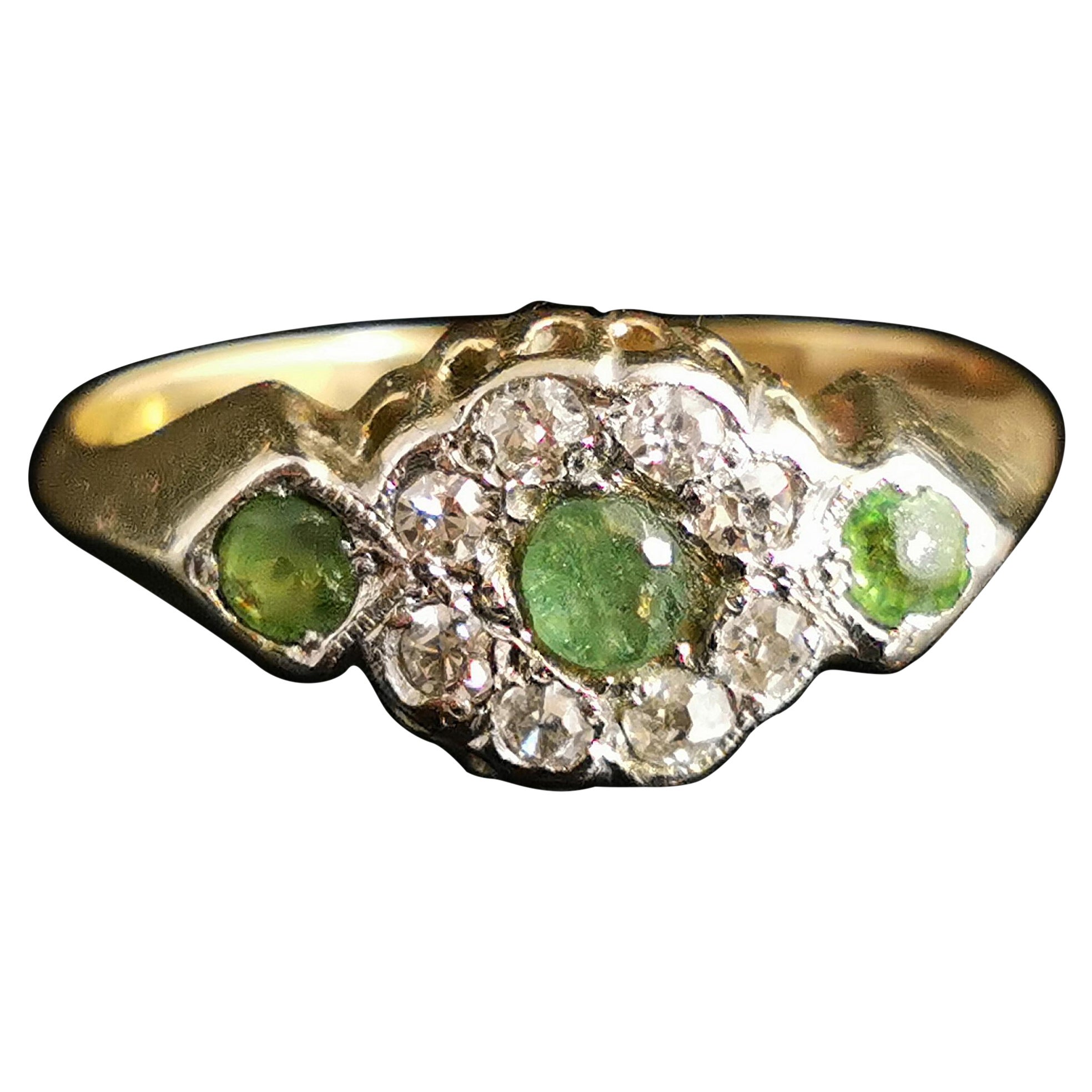 Antique Edwardian Peridot and Diamond Cluster Ring, 18k Yellow Gold