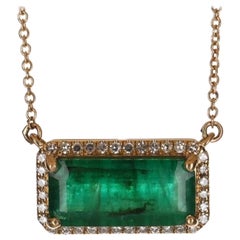3.91tcw 14K Emerald & Diamond Halo Necklace