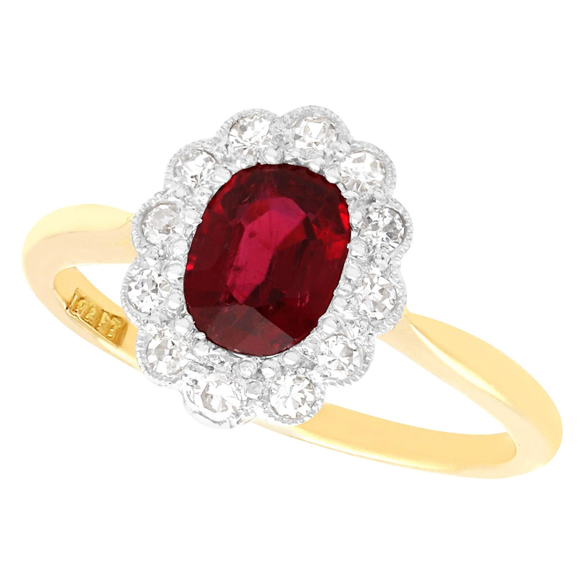 Non Heated 1.03 Carat Thai Ruby and Diamond Cluster Ring in Yellow Gold For Sale