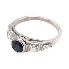 Retro 0.57 Carat Blue Sapphire & Diamond Platinum Ring Asscher Cut Diamonds