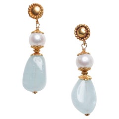 Aquamarine, Pearl and 22K Gold Drop Earring by Deborah Lockhart Phillips