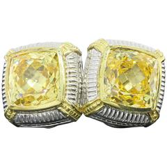 Judith Ripka Cushion Canary Crystal Yellow Accent Silver Gold Button Earrings