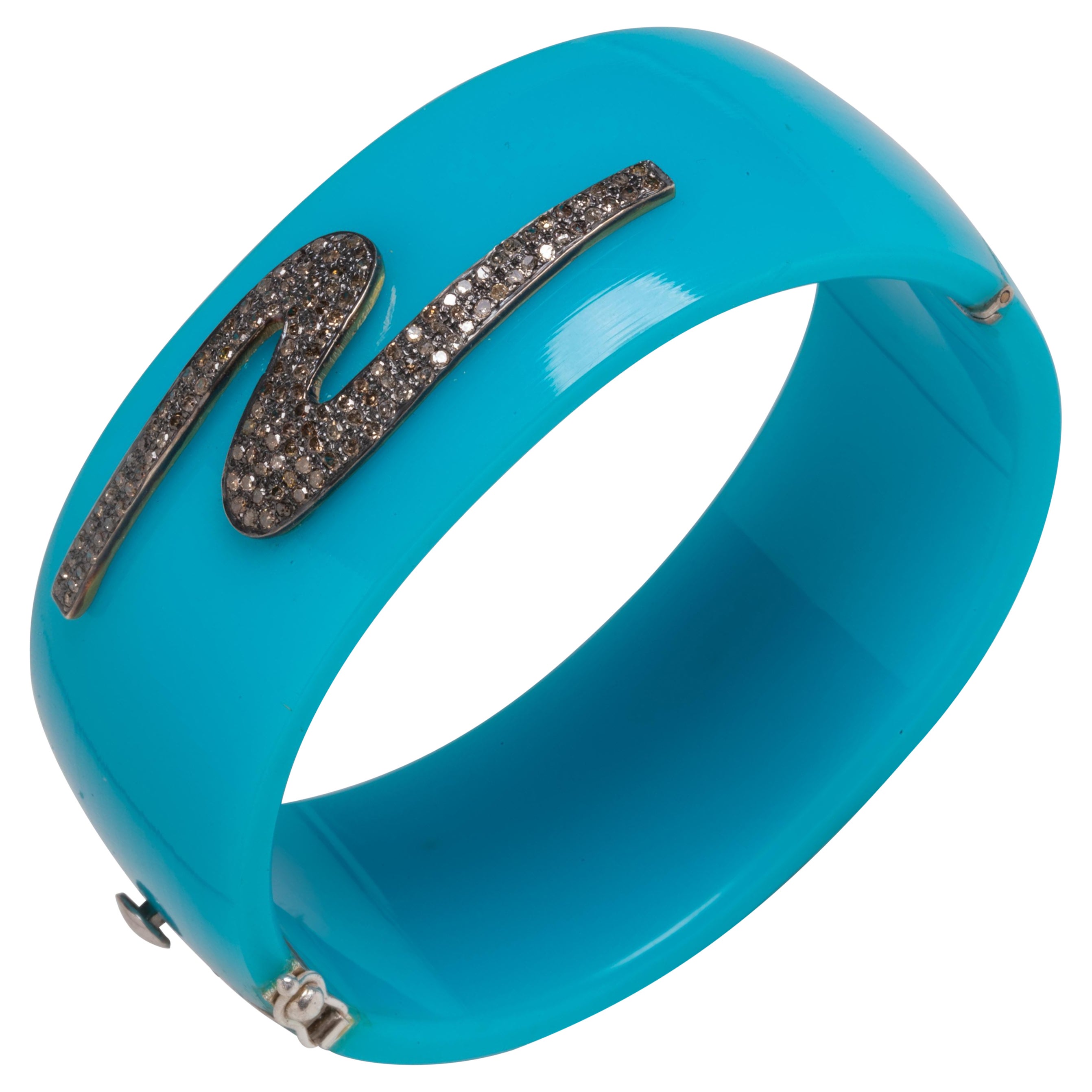 Blue Bakelite Cuff Bracelet with Diamonds