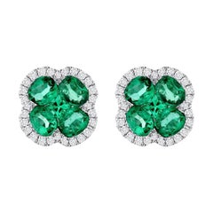 2.97CT Natural Emerald 0.52CT Diamonds 18K Gold Stud Four Leaf Clover Earrings