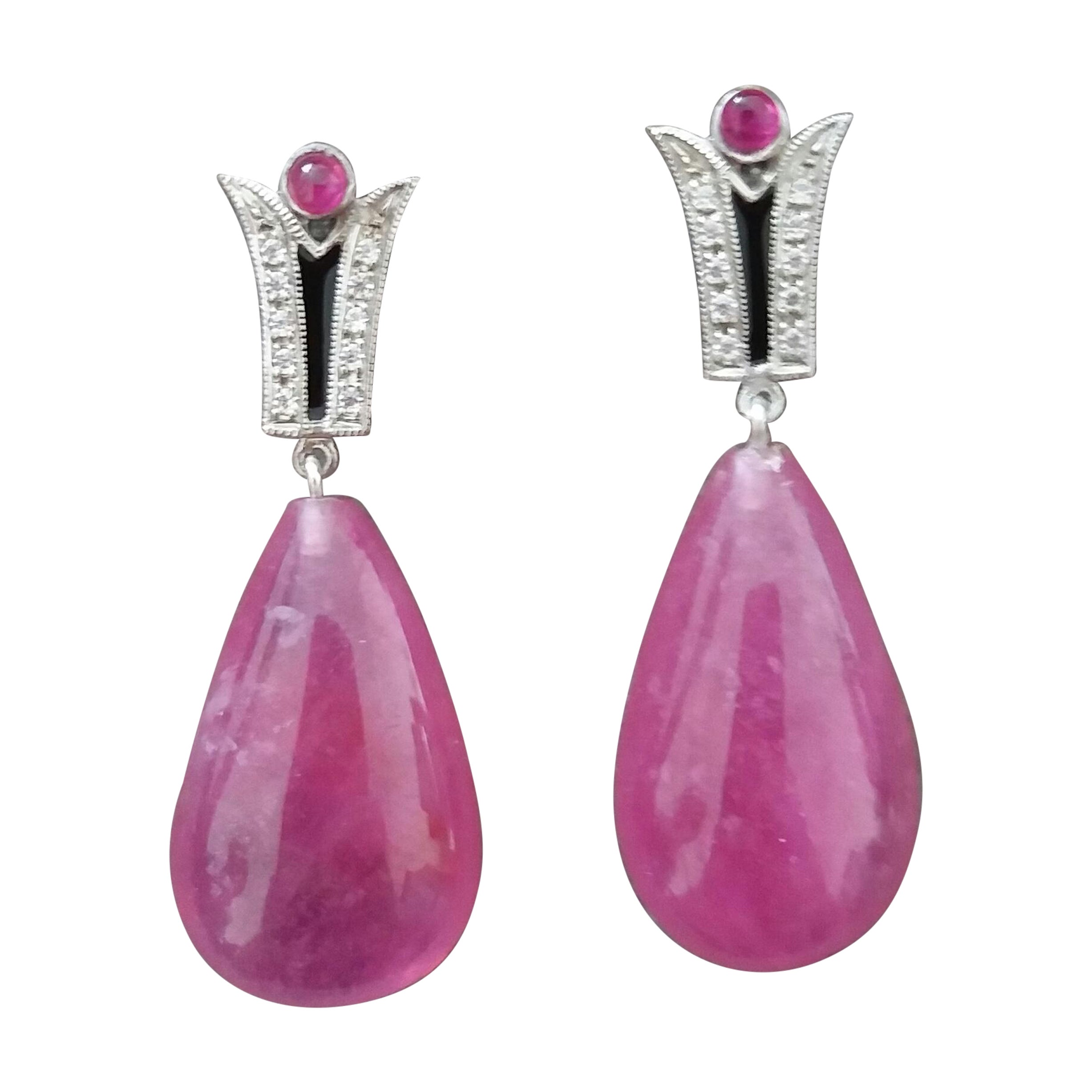 Art Deco Style Diamonds Gold Black Enamel 40 Cts Pear Shape Ruby Drop Earrings For Sale