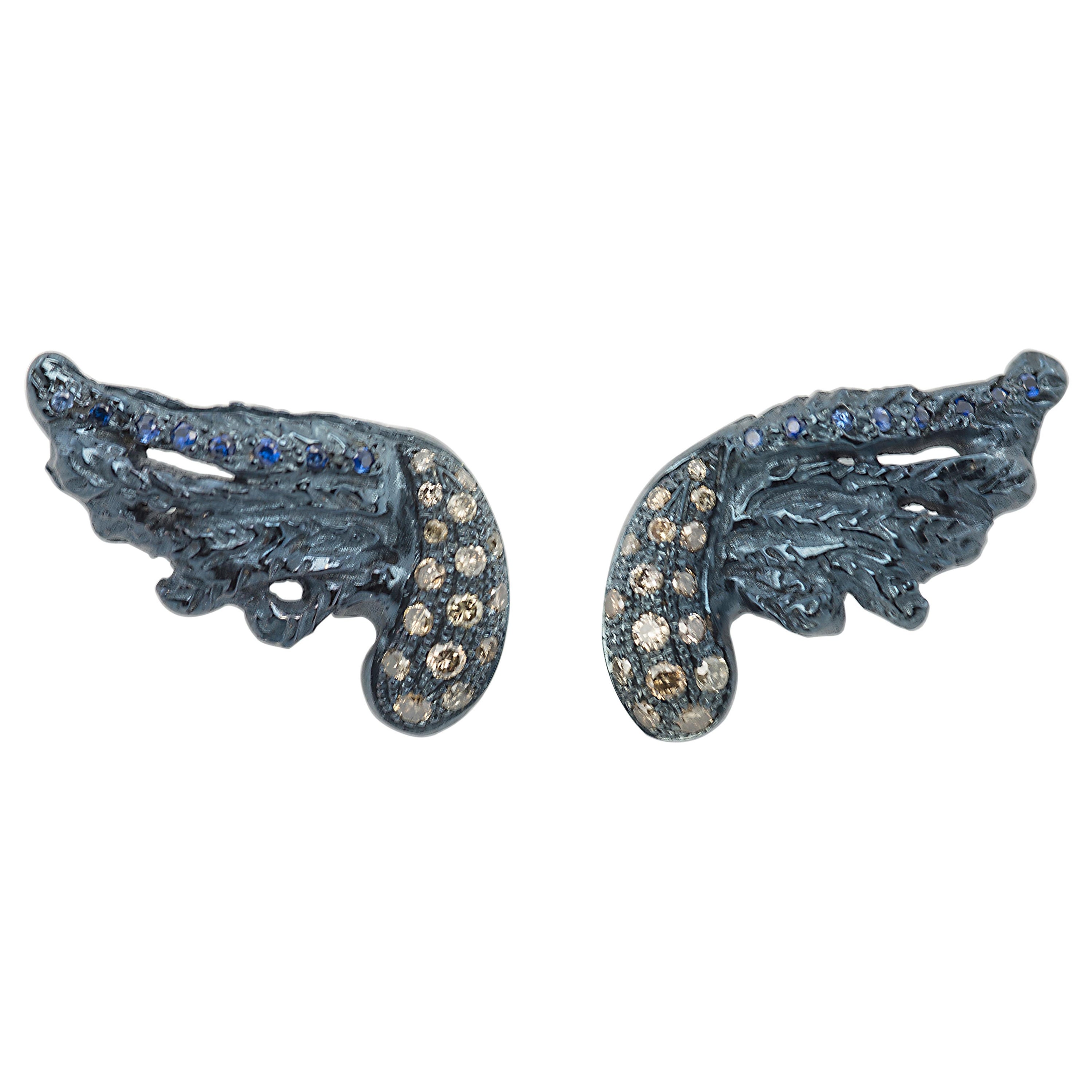 Contemporary Sterling Silver 0.30Karat Brown Diamonds Feather Blue Stud Earrings For Sale