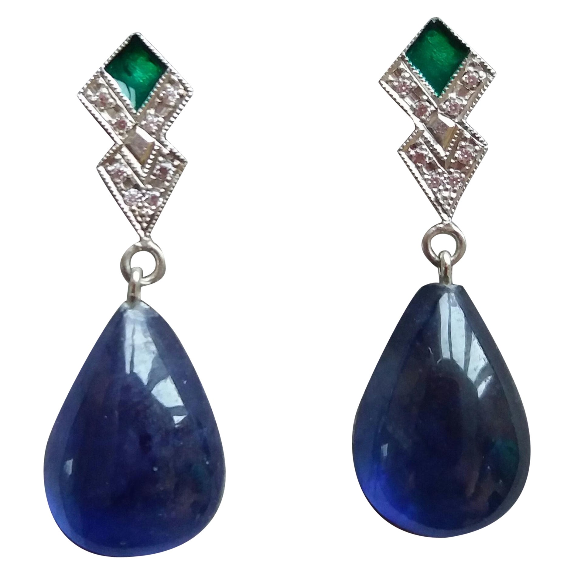 Art Deco Style Diamond Gold Green Enamel Pear Shape Blue Sapphires Drop Earrings