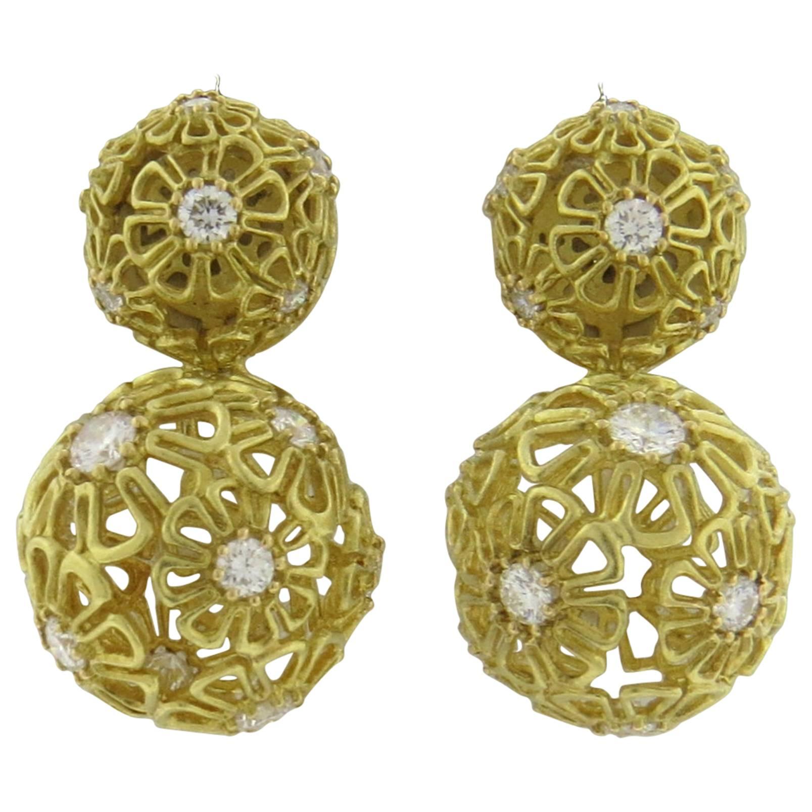 Paul Morelli Diamond Gold Flower Ball Earrings