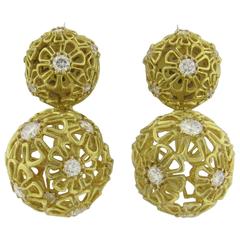 Vintage Paul Morelli Diamond Gold Flower Ball Earrings