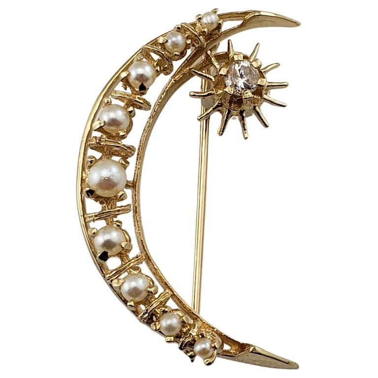 Vintage 14 Karat Yellow Gold, Pearl and Diamond Crescent Moon Pin