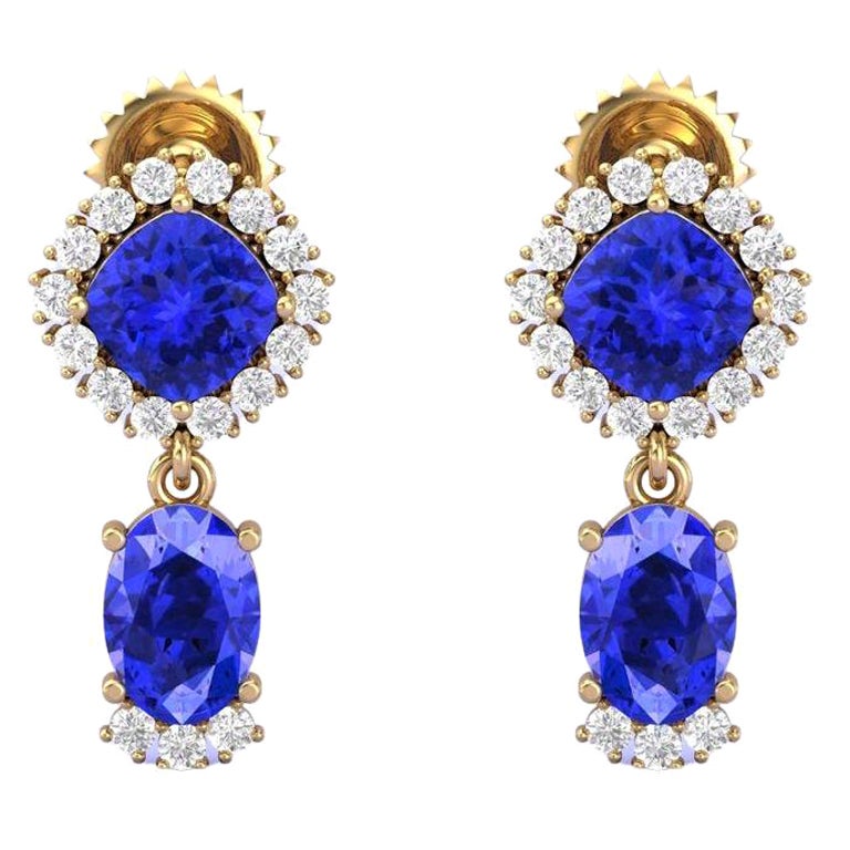 3.30 Carat Tanzanite Diamond Earrings 18 Karat Yellow Gold For Sale