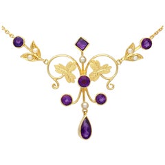 Antique 1.45Ct Amethyst and Seed Pearl Yellow Gold Necklace, Circa 1880