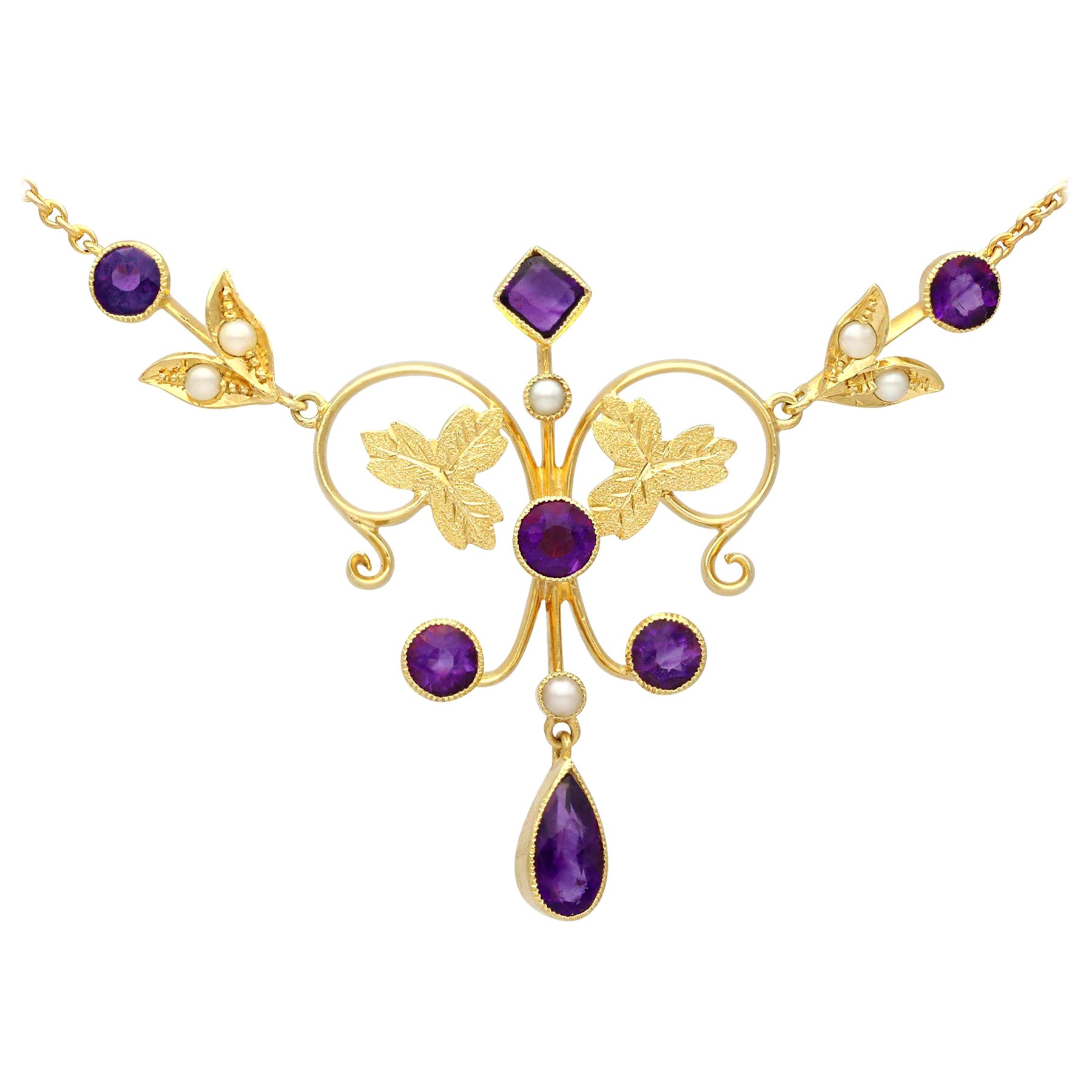 Antique 1.45 Carat Amethyst and Seed Pearl Yellow Gold Necklace For Sale