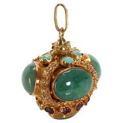 Etruscan Revival Style Charm Pendant, Jade, Turquoise & Pink Sapphires in Gold