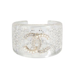 Chanel Clear Resin Strass & Pearl Double C Logo Wide Bangle