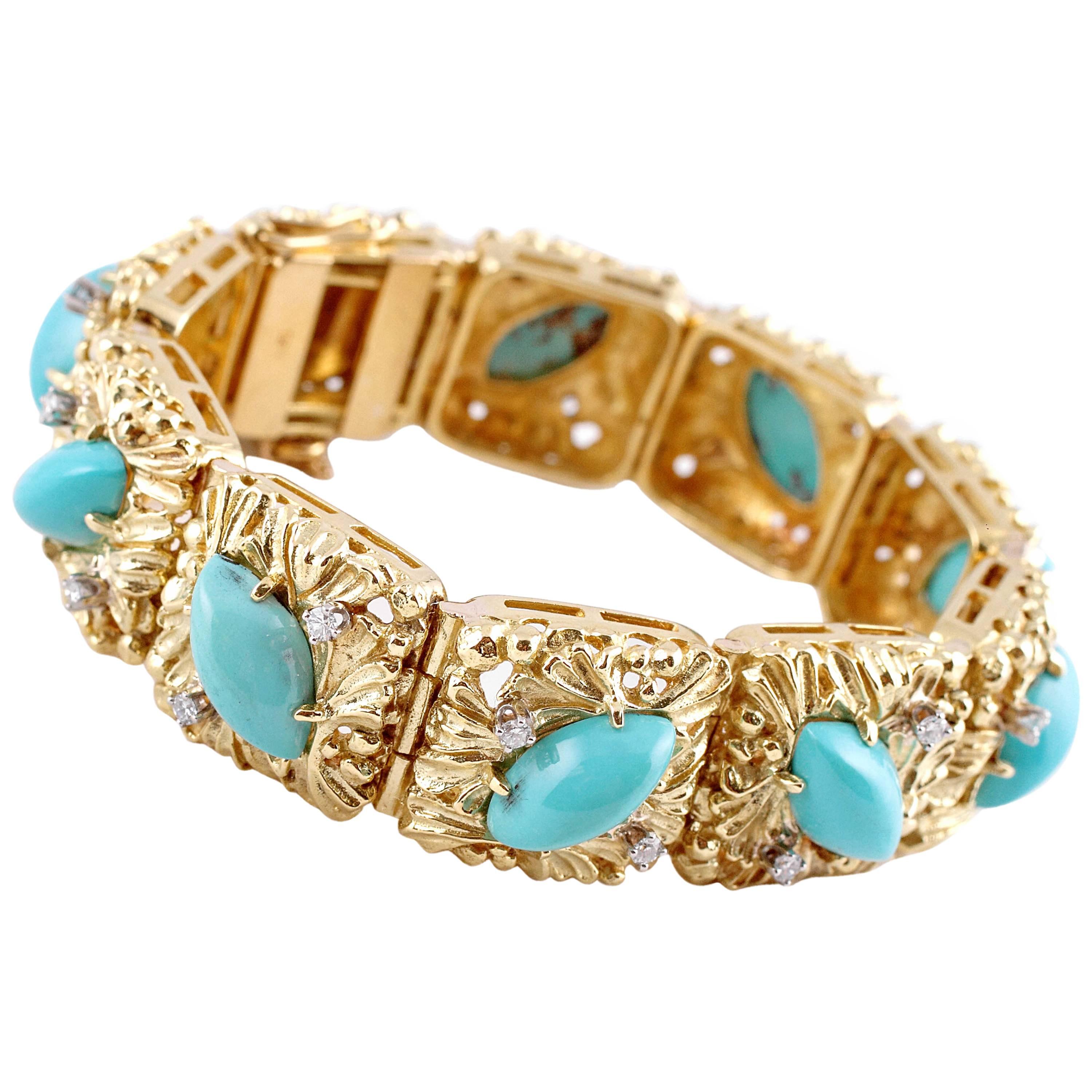 Natural Turquoise Diamond Two Color Gold Bracelet