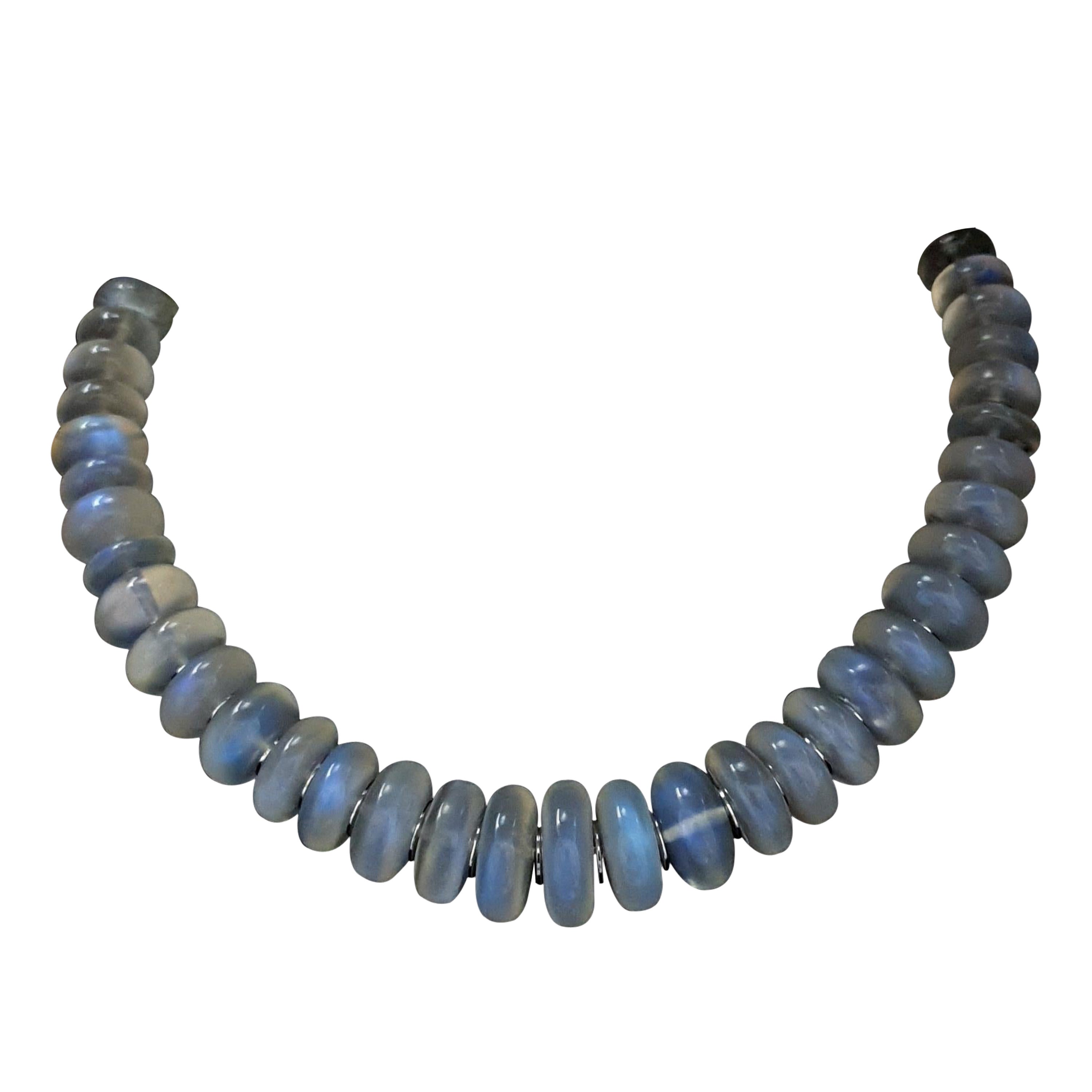 Blue Moonstone Rondel Beaded Necklace with 18 Carat White Gold Discs & Clasp For Sale