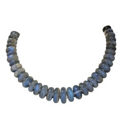 Blue Moonstone Rondel Beaded Necklace with 18 Carat White Gold Discs & Clasp