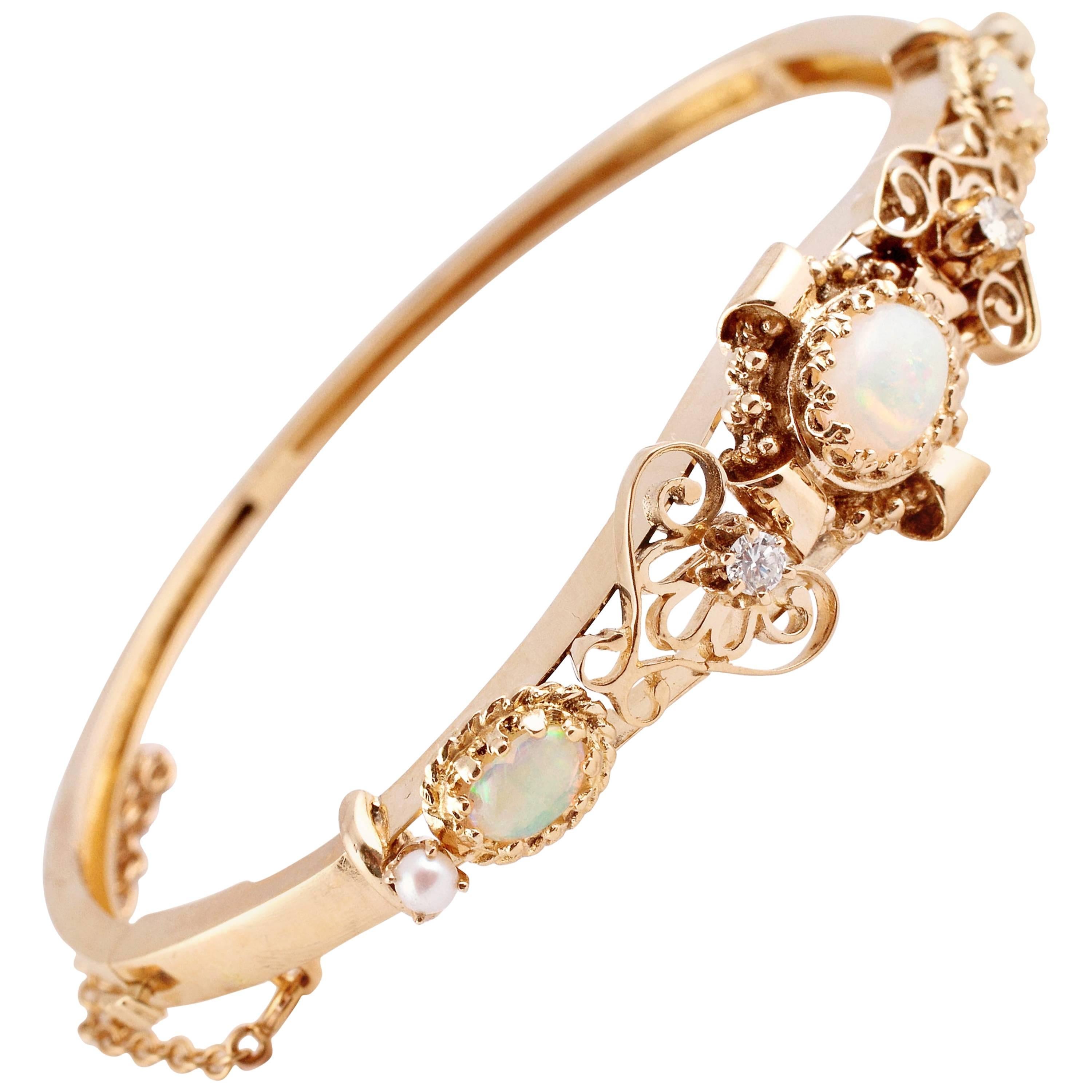 Lovely Pearl Opal Diamond Gold Bracelet