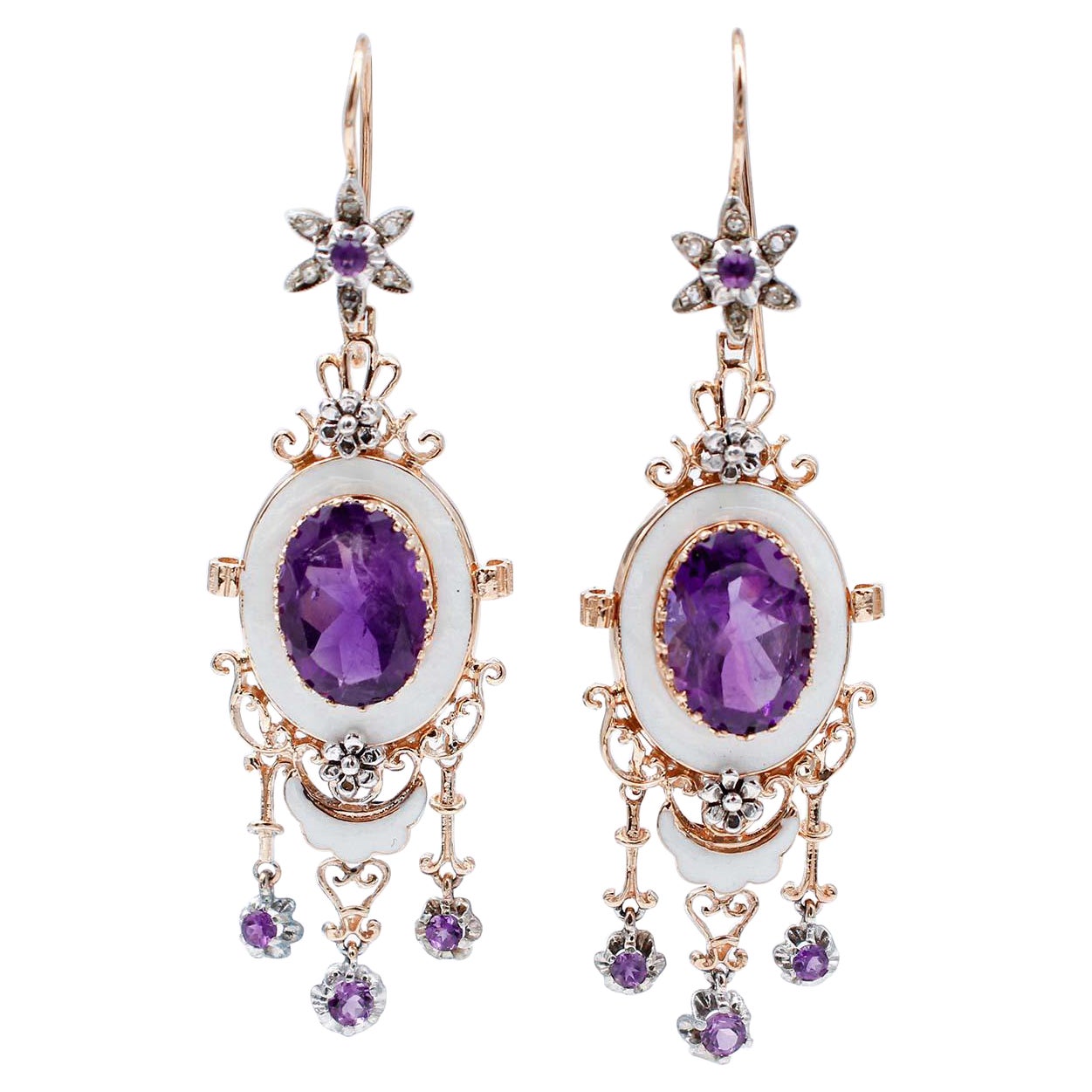 Amethysts, Diamonds, Enamel, 9 Karat Rose Gold and Silver Dangle Earrings