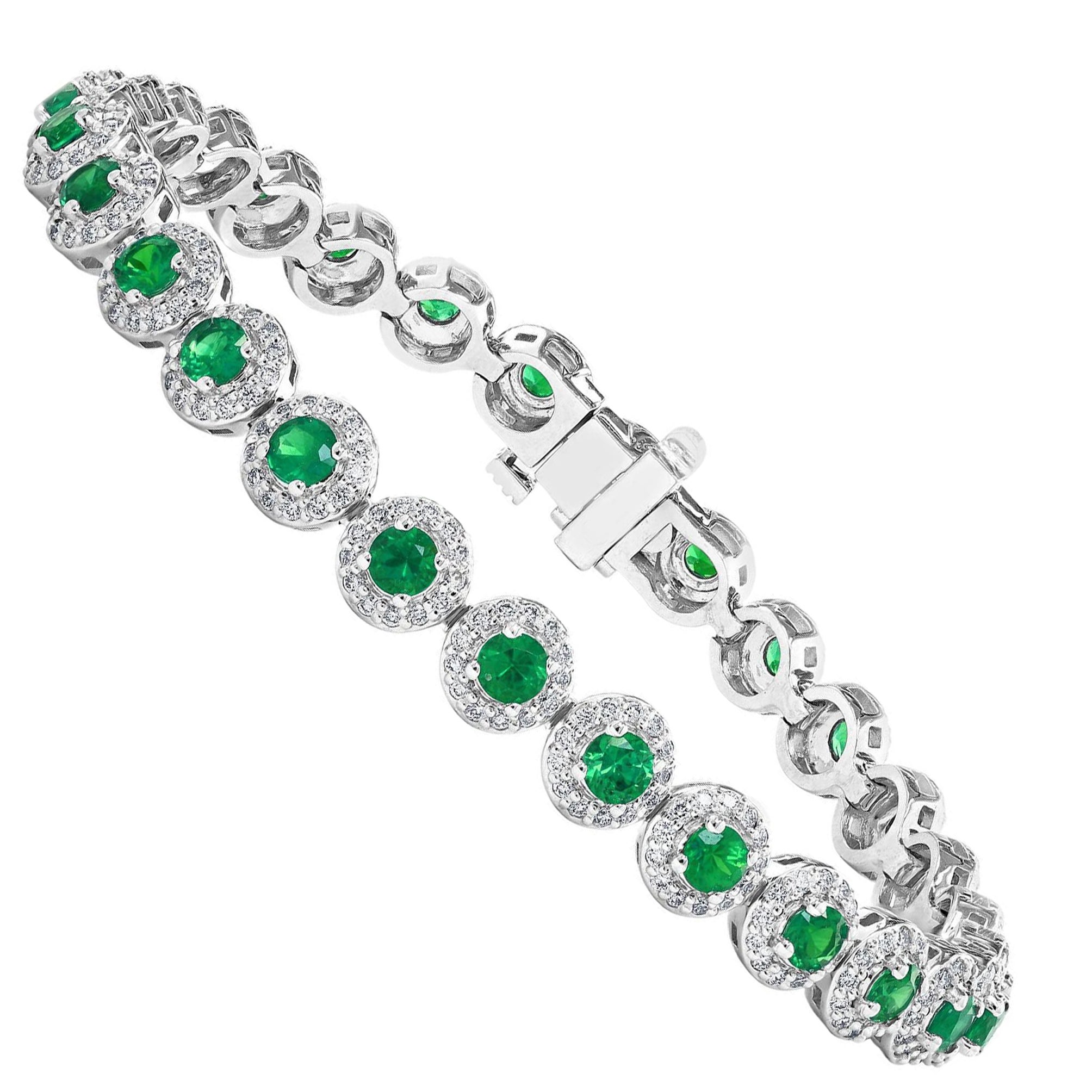 3.05 Carat Round Cut Emerald and Diamond Tennis Bracelet in 14K White Gold For Sale