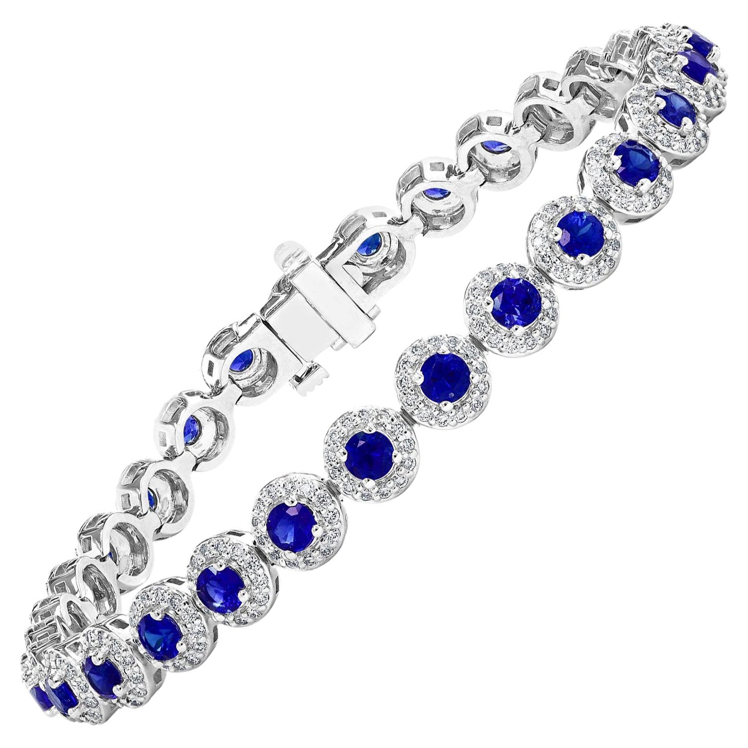 4.40 Carat Round Cut Sapphire and Diamond Tennis Bracelet in 14K White Gold For Sale