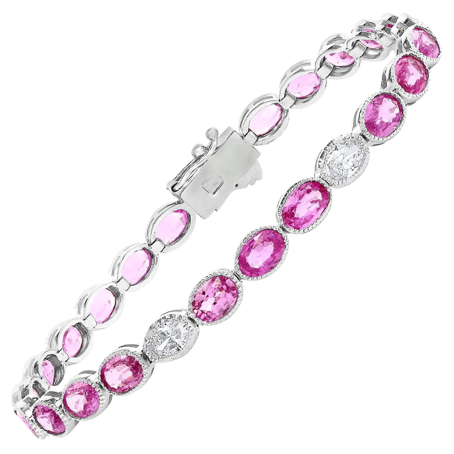 12.62 Carat Oval Cut Pink Sapphire and Diamond Tennis Bracelet in 14K White Gold For Sale