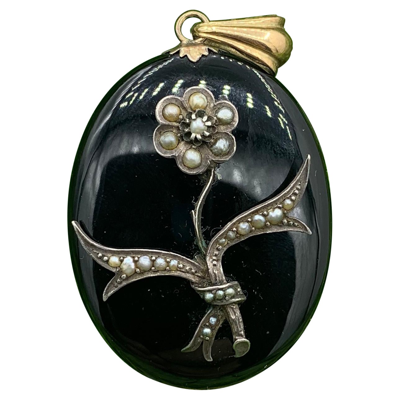 Victorian Black Onyx Locket Necklace Flower Motif Gold Pearl, Circa 1860